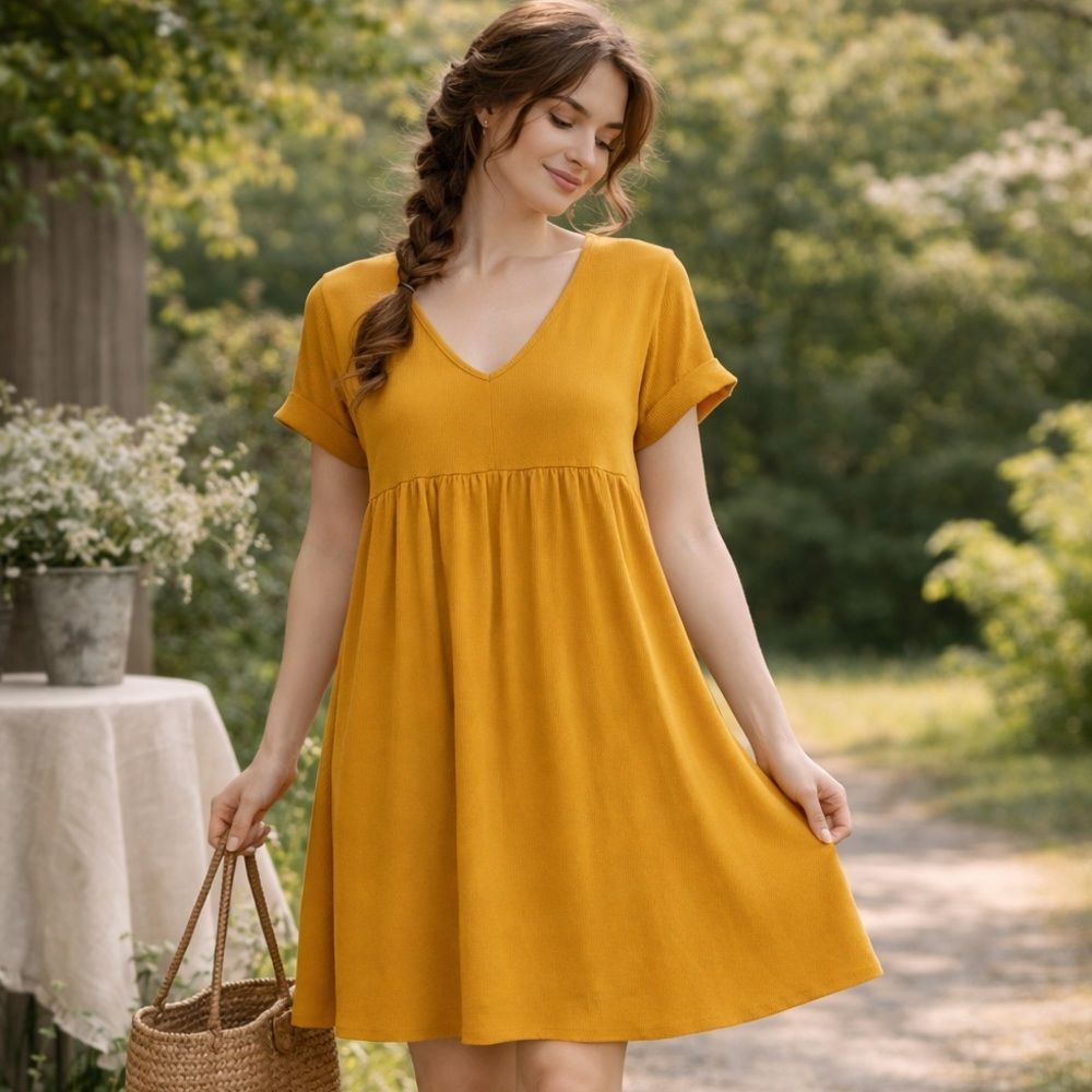 Entro Women's Babydoll Short Sleeve Dress Mustard Yellow Size Large